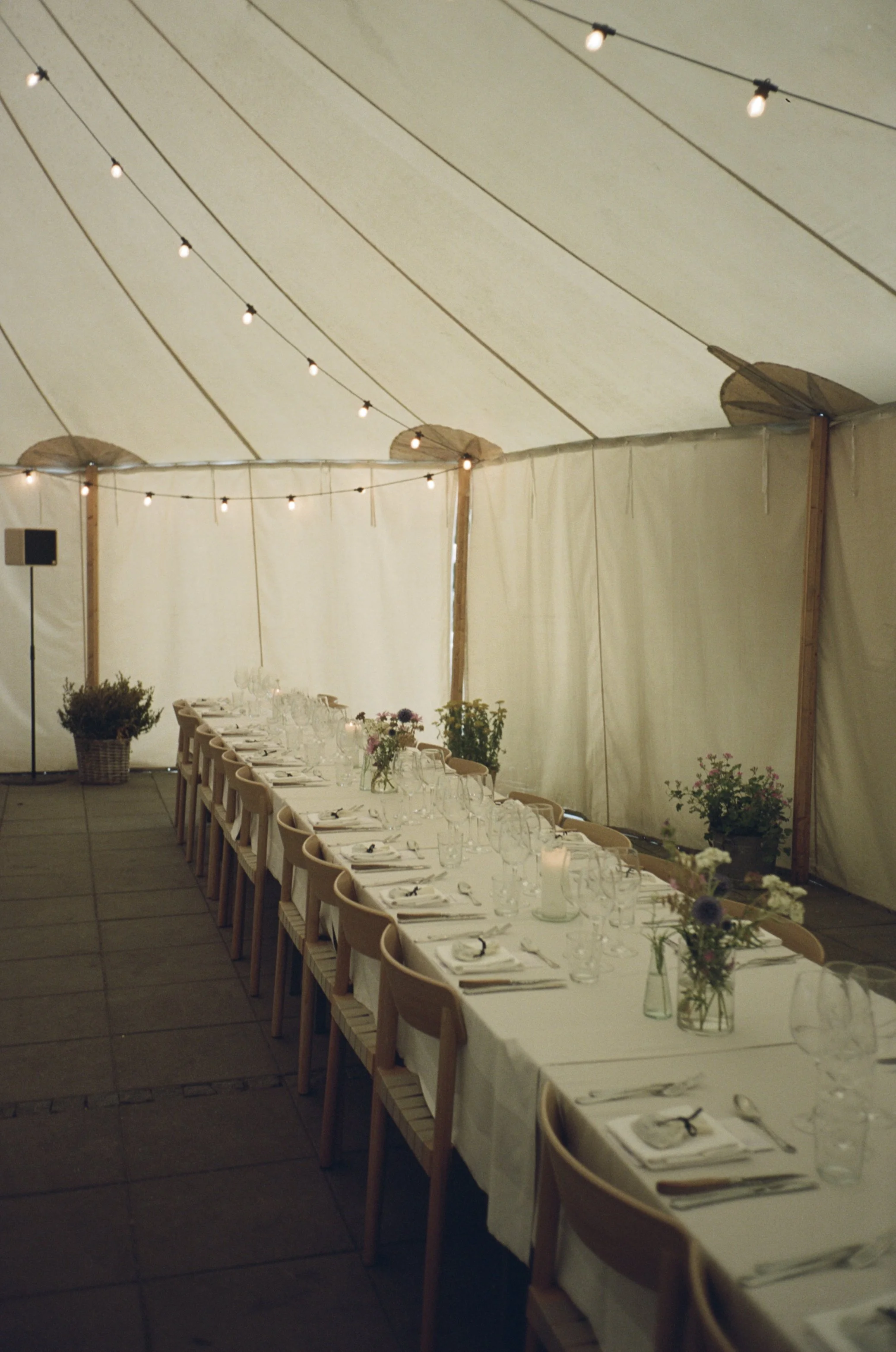 Long dining table set for a formal event inside a tent, decorated with flowers, candles, and glassware, with string lights overhead.