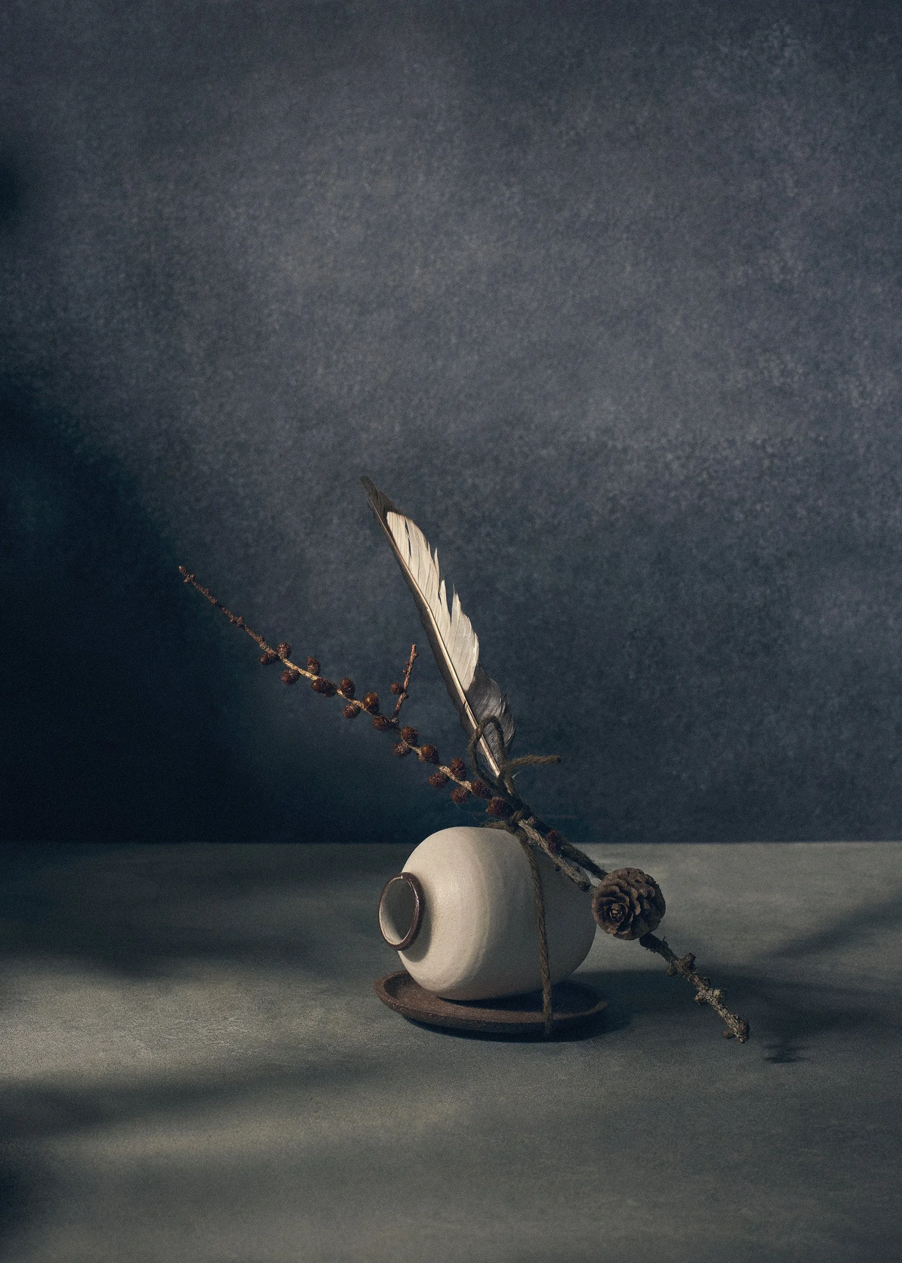 A white vase with a feather, pine cone, and small branch arranged on a dark surface against a dark background.