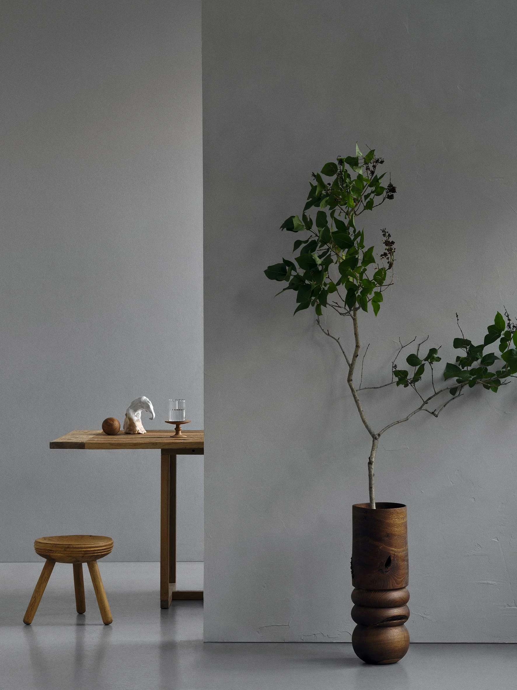 A minimalistic interior scene with a tall potted plant in a wooden vase, a small wooden stool, and a wooden table with decorative items including a sculpture and glass of water. The wood hunter Denmark. interior setup with set design and grey warmth