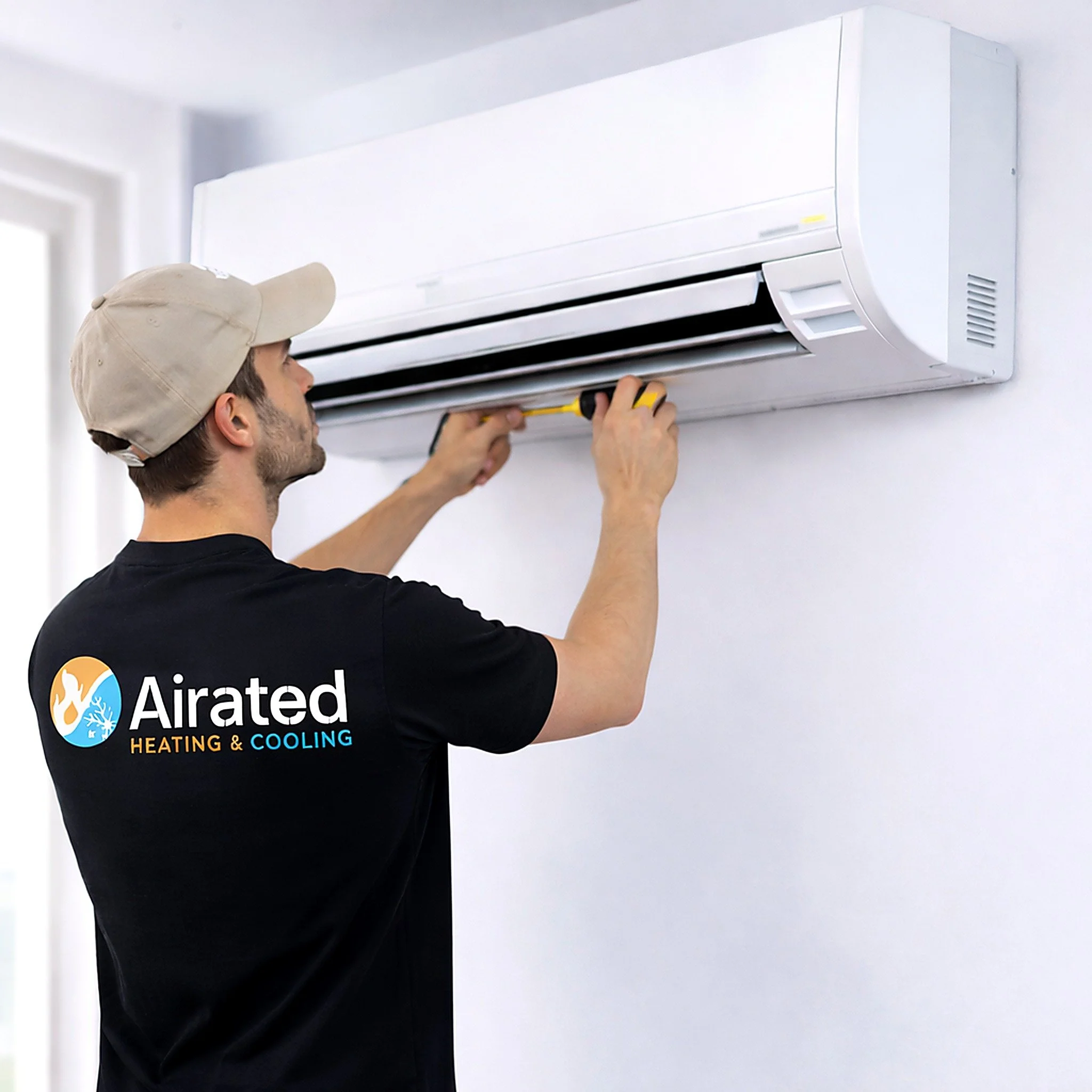 Technician installing or repairing a wall-mounted air conditioning unit, wearing a black shirt with the Airated Heating & Cooling logo.