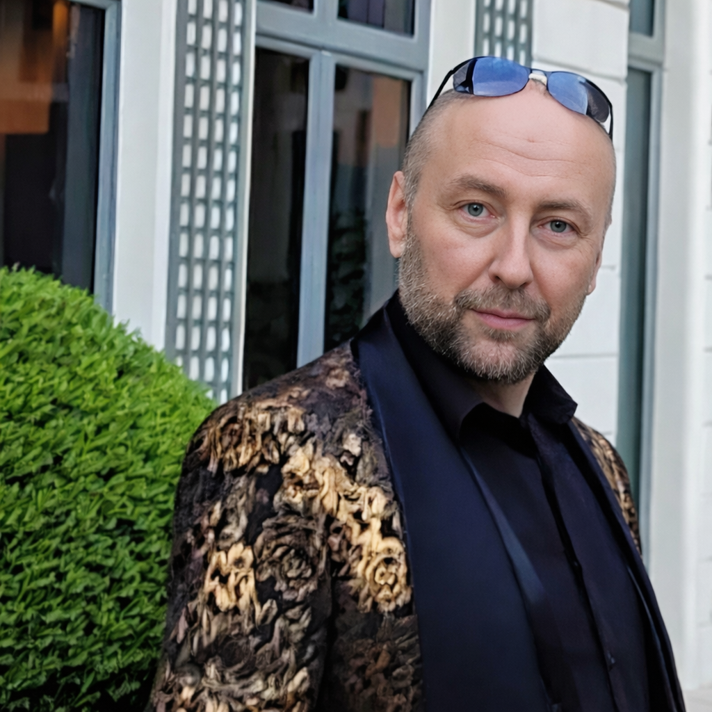 Homme coiffé de lunettes de soleil posées sur la tête, portant une veste à motifs floraux, debout à côté d'un buisson vert devant un bâtiment avec fenêtres et volets.