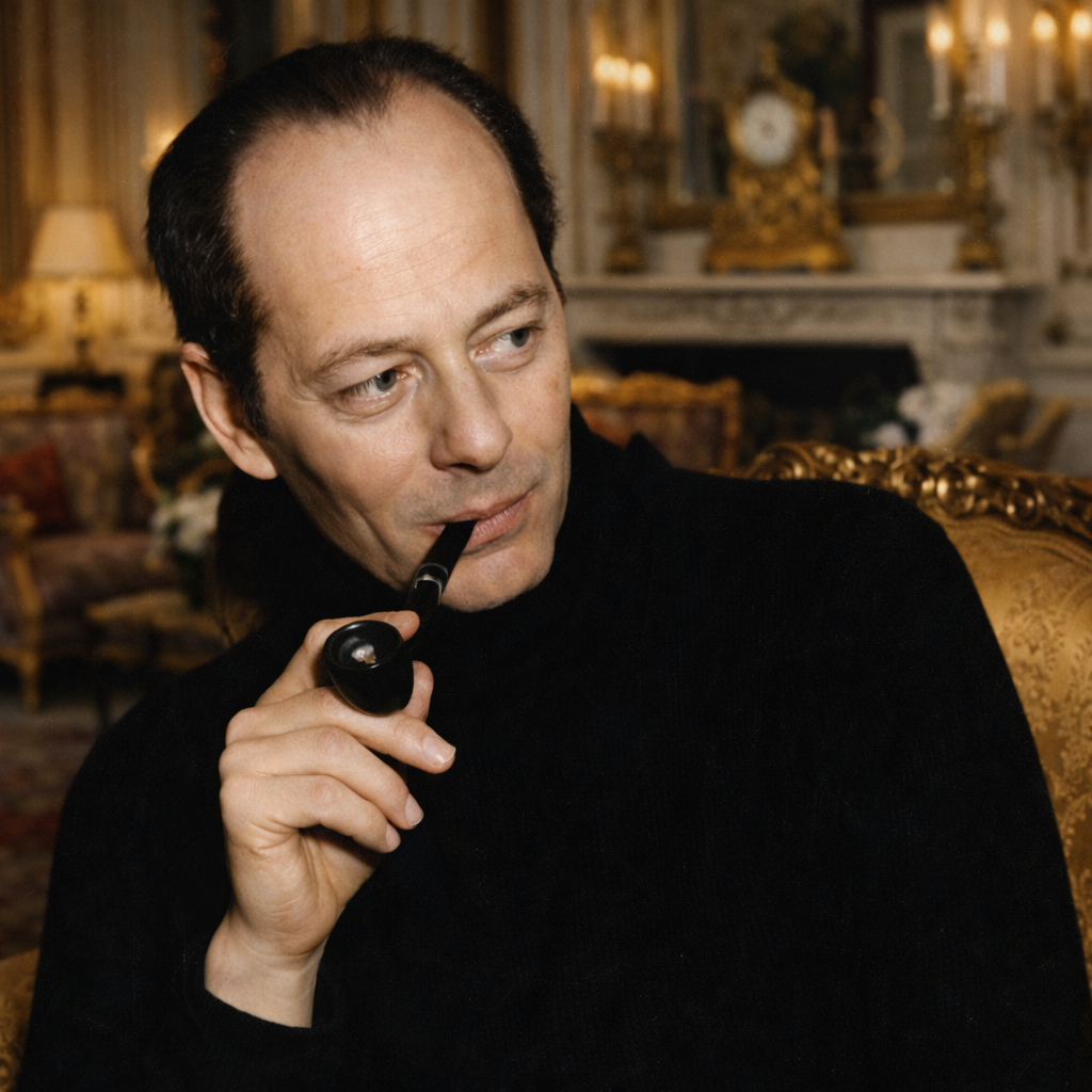 Un homme tenant une pipe dans un décor élégant avec des meubles en or