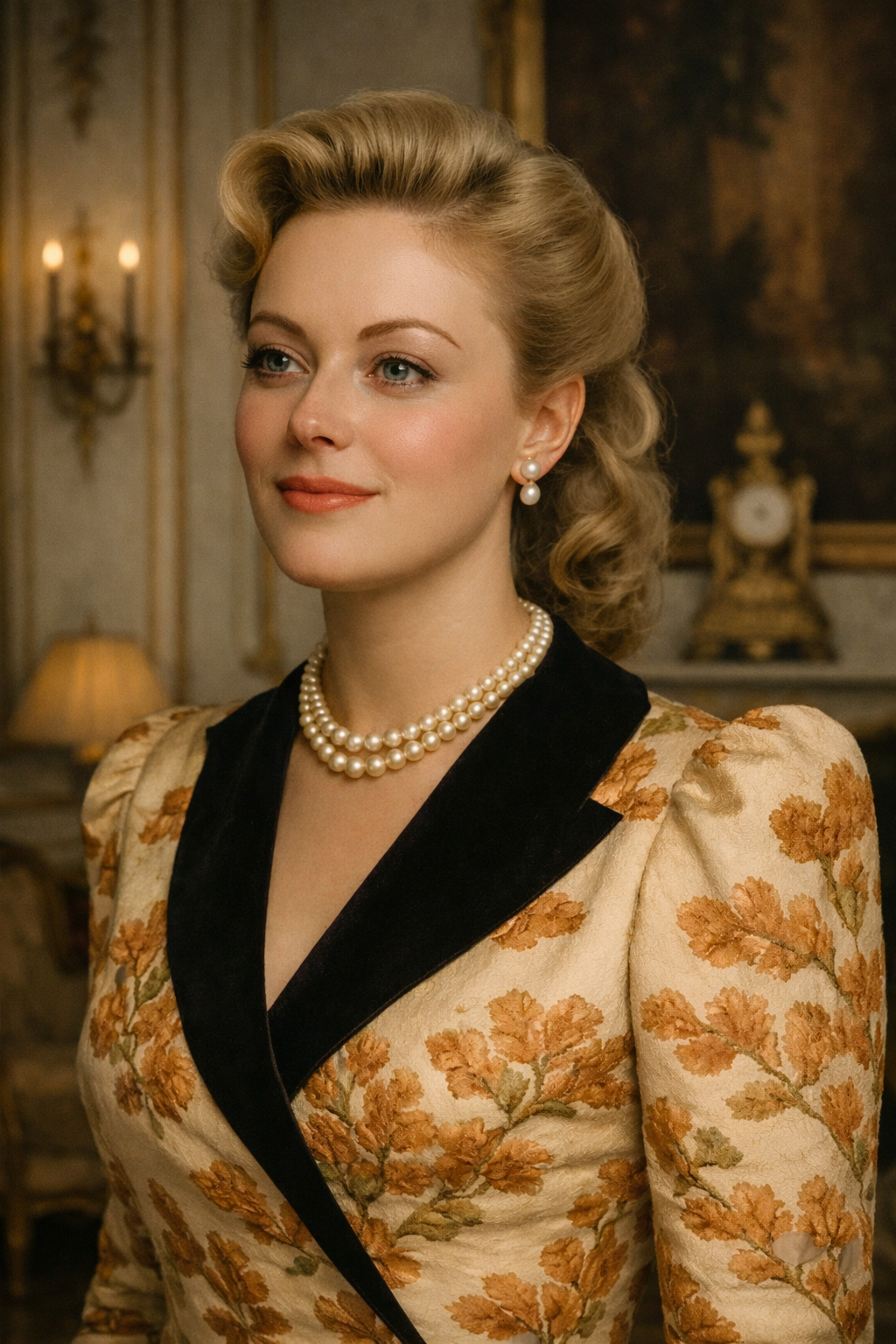 Portrait en noir et blanc d'une femme portant un collier de perles et une robe avec un motif floral, avec des cheveux coiffés dans un style vintage.