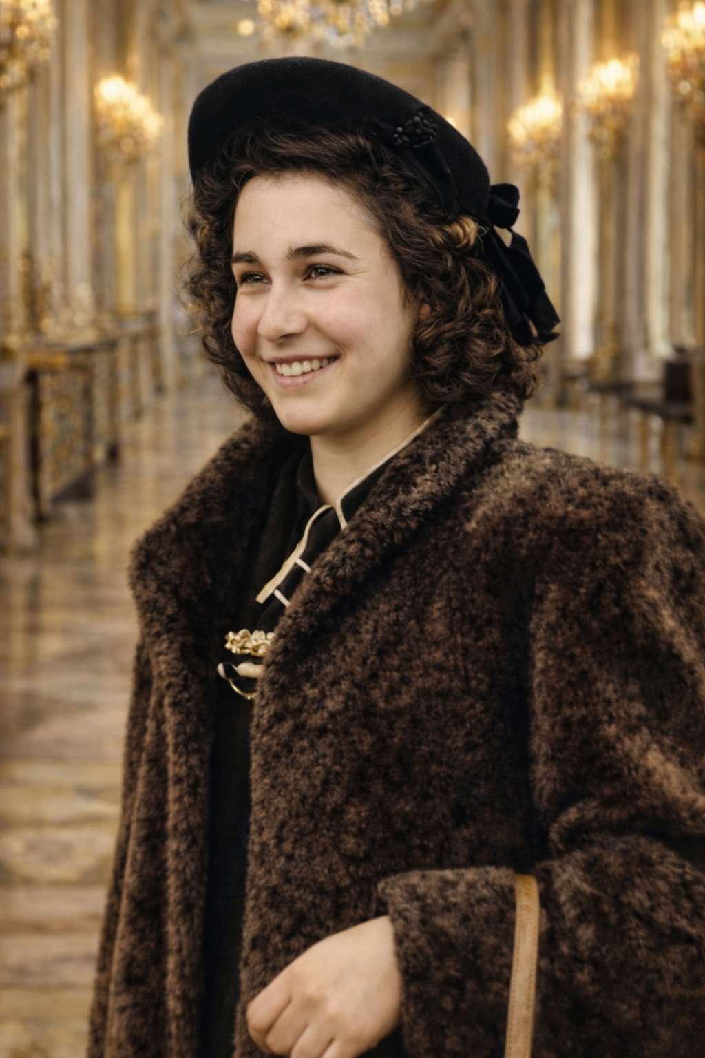 Jeune femme souriante portant un chapeau noir et un manteau en fausse fourrure, dans un décor de style rococo avec des ornements dorés.