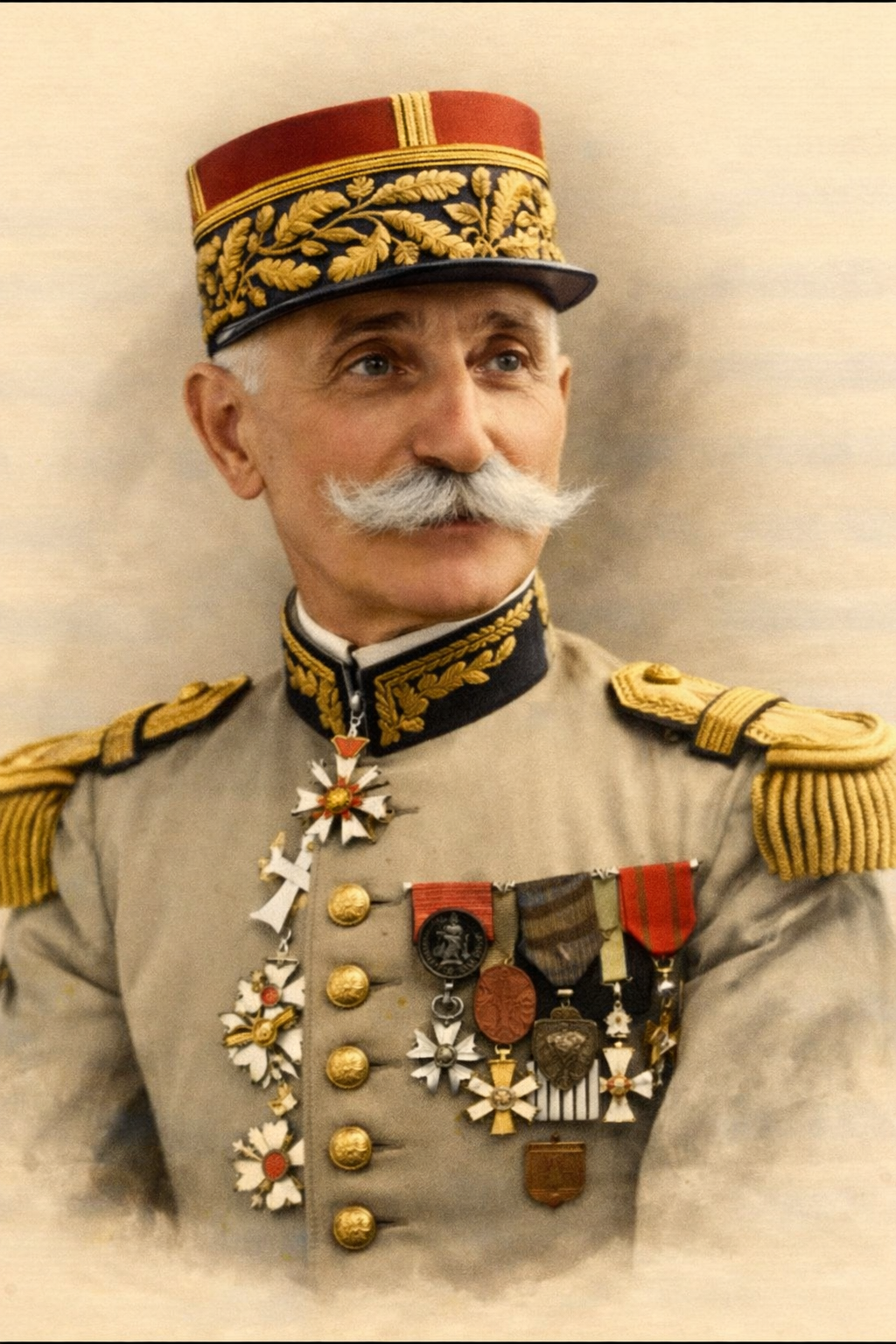 Portrait d'un homme en uniforme militaire orné de médailles et décorations. Il porte un chapeau rouge avec des broderies dorées, une moustache blanche et un uniforme beige avec des épaulettes dorées.