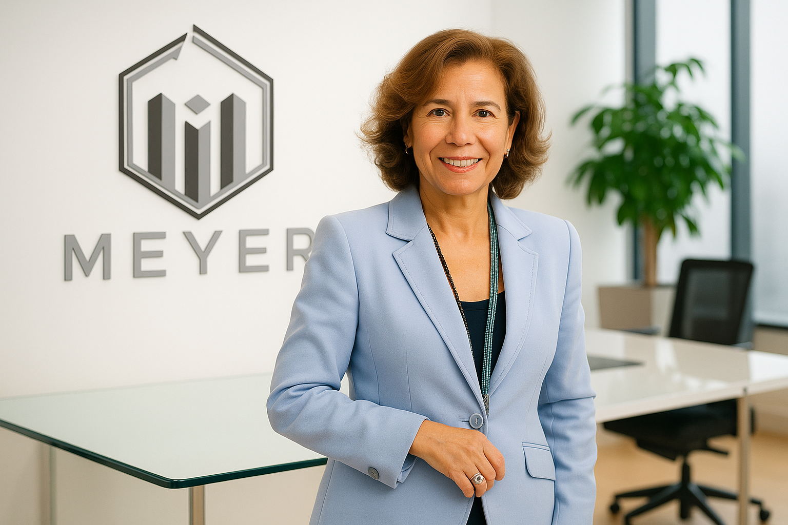 Femme d'affaires souriante portant un blazer bleu clair dans un bureau moderne avec un logo 'MEYER' et un graphique en bâtons sur le mur derrière elle, une grande plante verte près de la fenêtre.