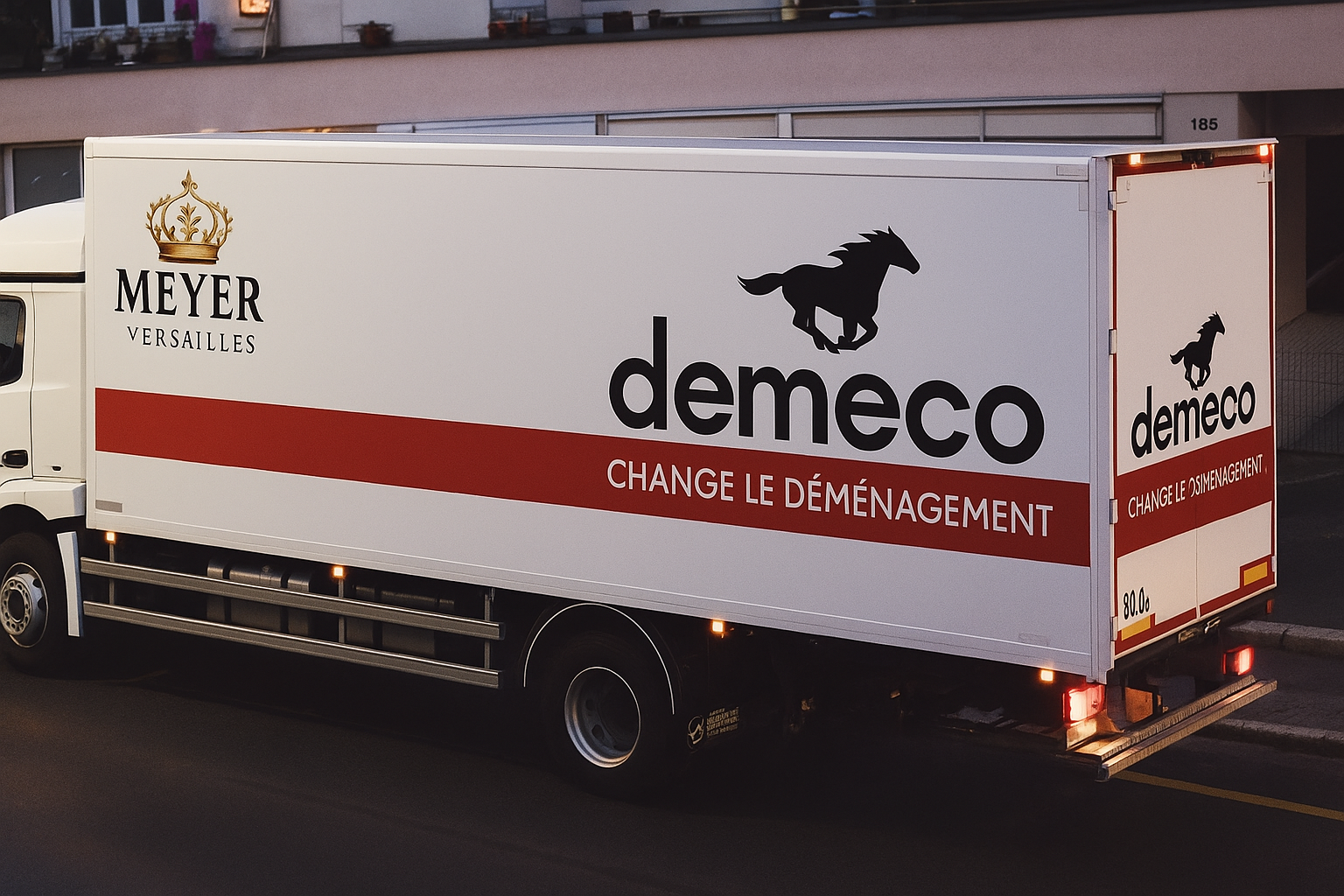 Camion de déménagement blanc avec logo d'une licorne noire, publicité pour Demeco avec le slogan ‘‘Change le déménagement’’ et ‘‘Change le sommeil’’, avec le logo de Meyer Versailles sur le côté, roulant en ville.