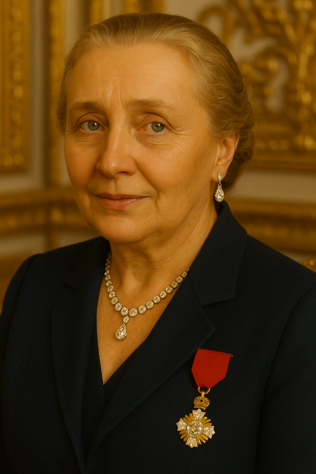 Portrait d'une femme âgée portant des bijoux élégants, un uniforme foncé avec une médaille sur la poitrine, et un décor doré en arrière-plan.
