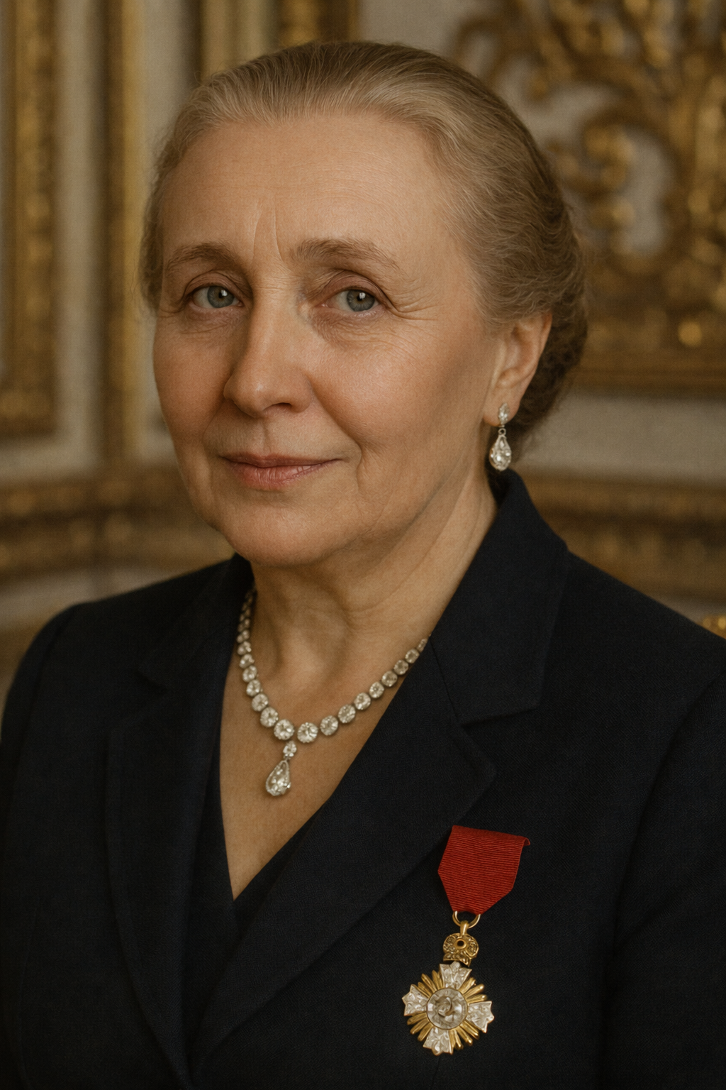 Portrait d'une femme âgée portant des bijoux élégants, un uniforme foncé avec une médaille sur la poitrine, et un décor doré en arrière-plan.