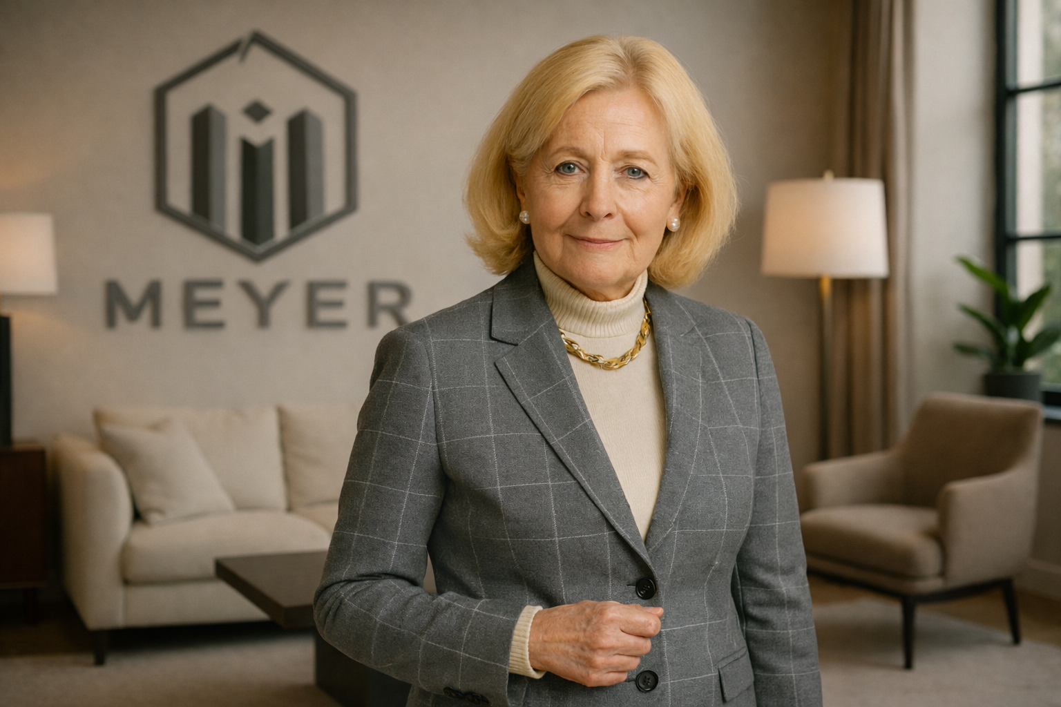 Une femme âgée avec des cheveux bruns, portant un costume gris avec une chemise beige, portant un collier en or et des boucles d'oreilles, se tient dans un bureau devant un logo en forme d'hexagone avec le texte "MEYER" et un arrière-plan clair avec une plante verte.