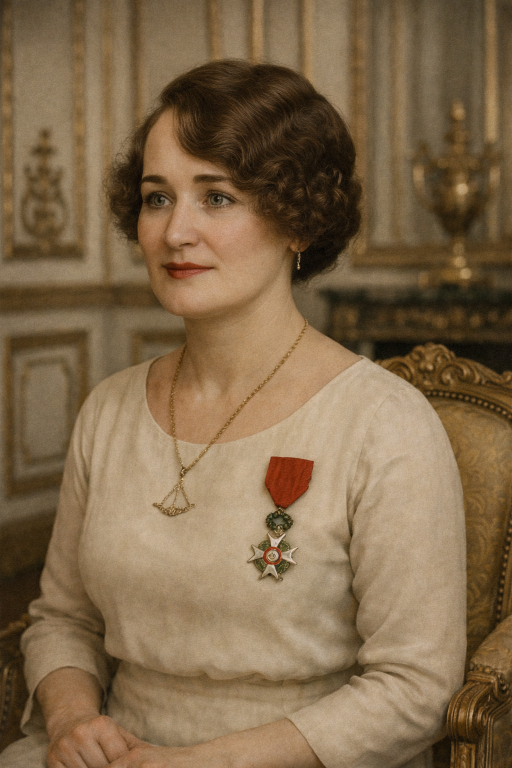Une femme assise sur un siège orné, portant une robe beige et un collier en or. Elle a une broche en forme de croix avec un ruban rouge sur la poitrine, et un petit bijou suspendu à une chaîne. Le décor en arrière-plan est riche en ornementations décoratives.