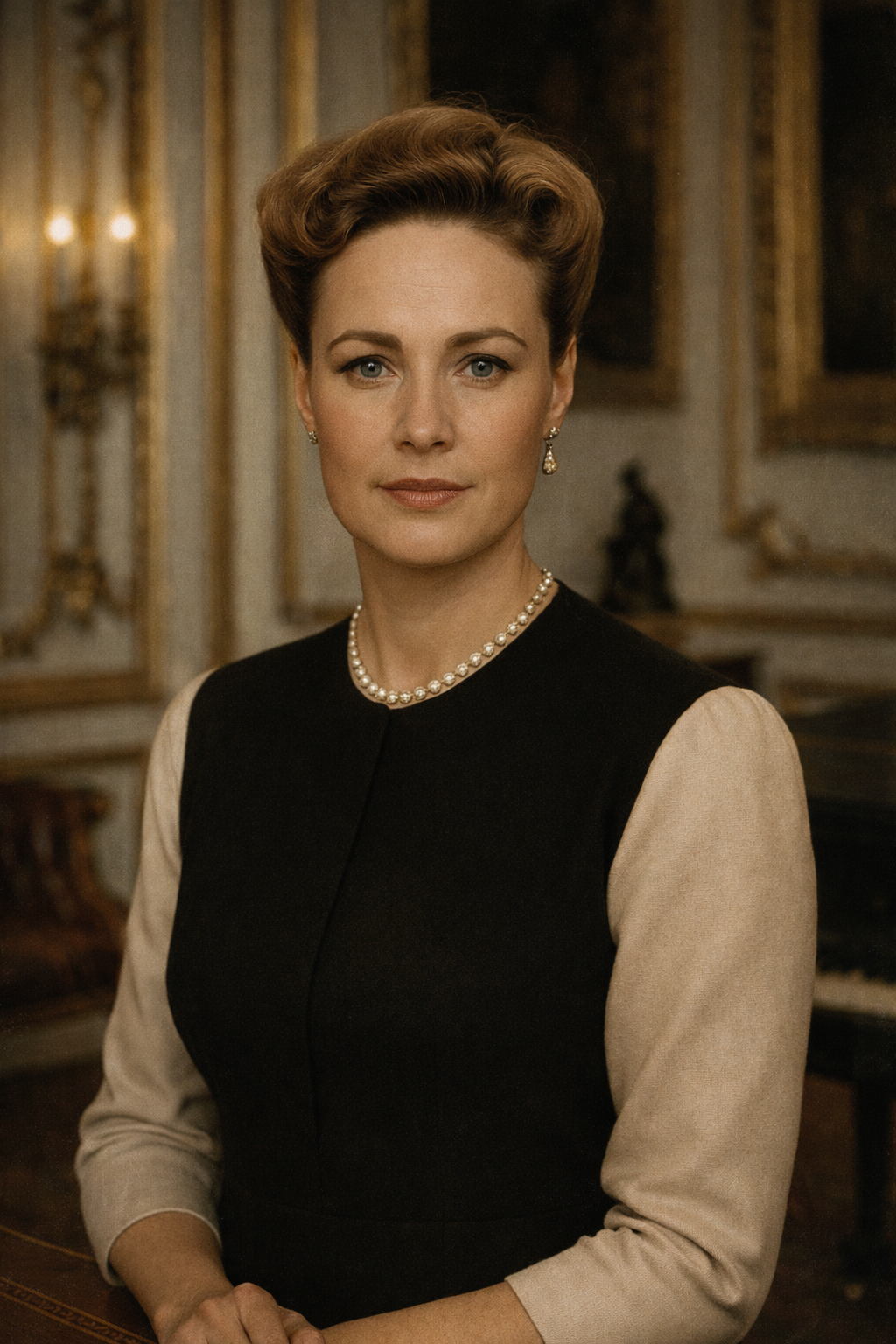 Une femme habillée élégamment avec des bijoux en perles, dans une pièce ornée de décorations dorées.