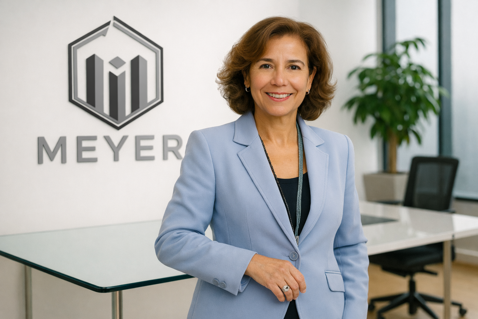 Femme d'affaires souriante portant un blazer bleu clair dans un bureau moderne avec un logo 'MEYER' et un graphique en bâtons sur le mur derrière elle, une grande plante verte près de la fenêtre.