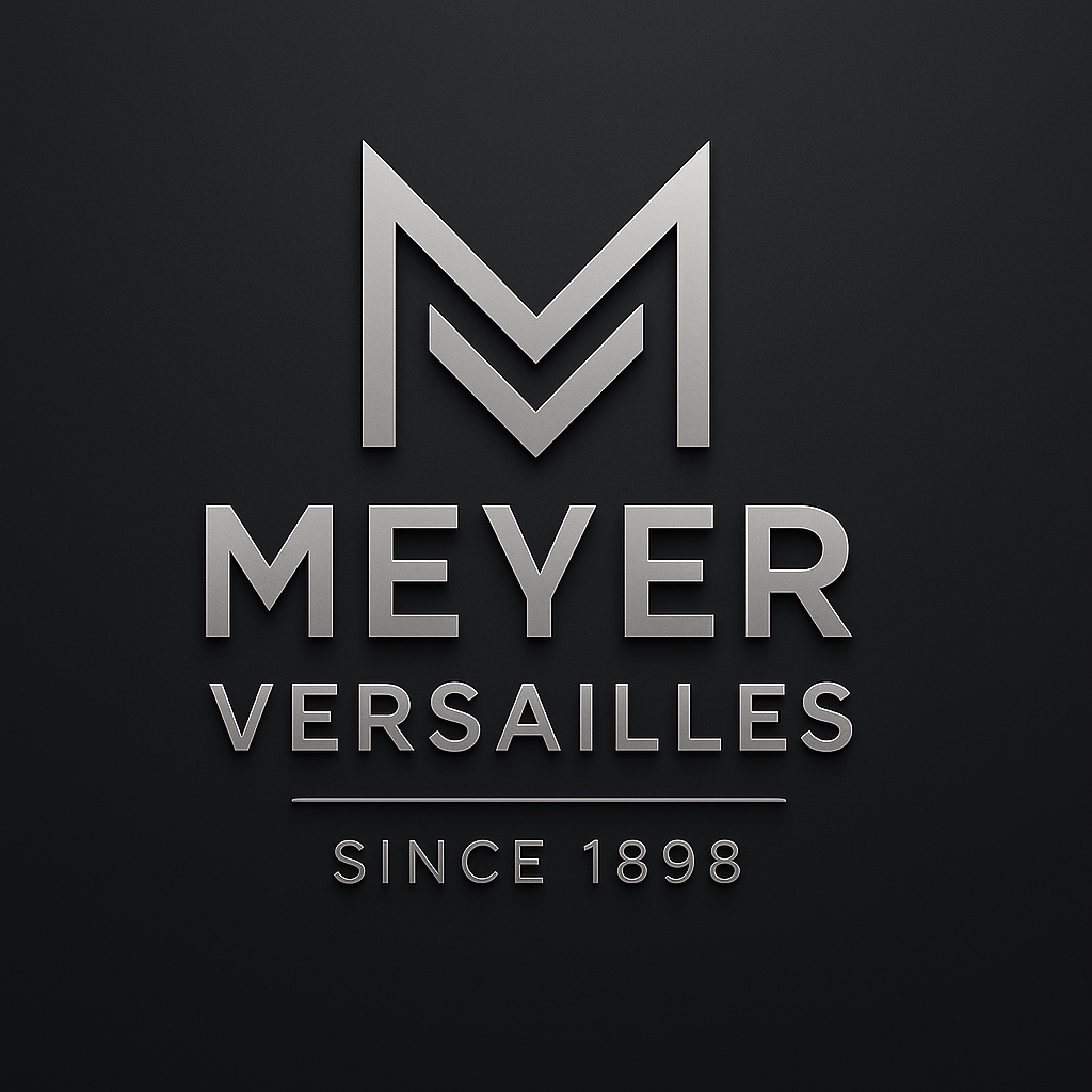 Logo de la marque Meyer Versailles, en métal argenté sur fond noir, avec la mention "Depuis 1898".