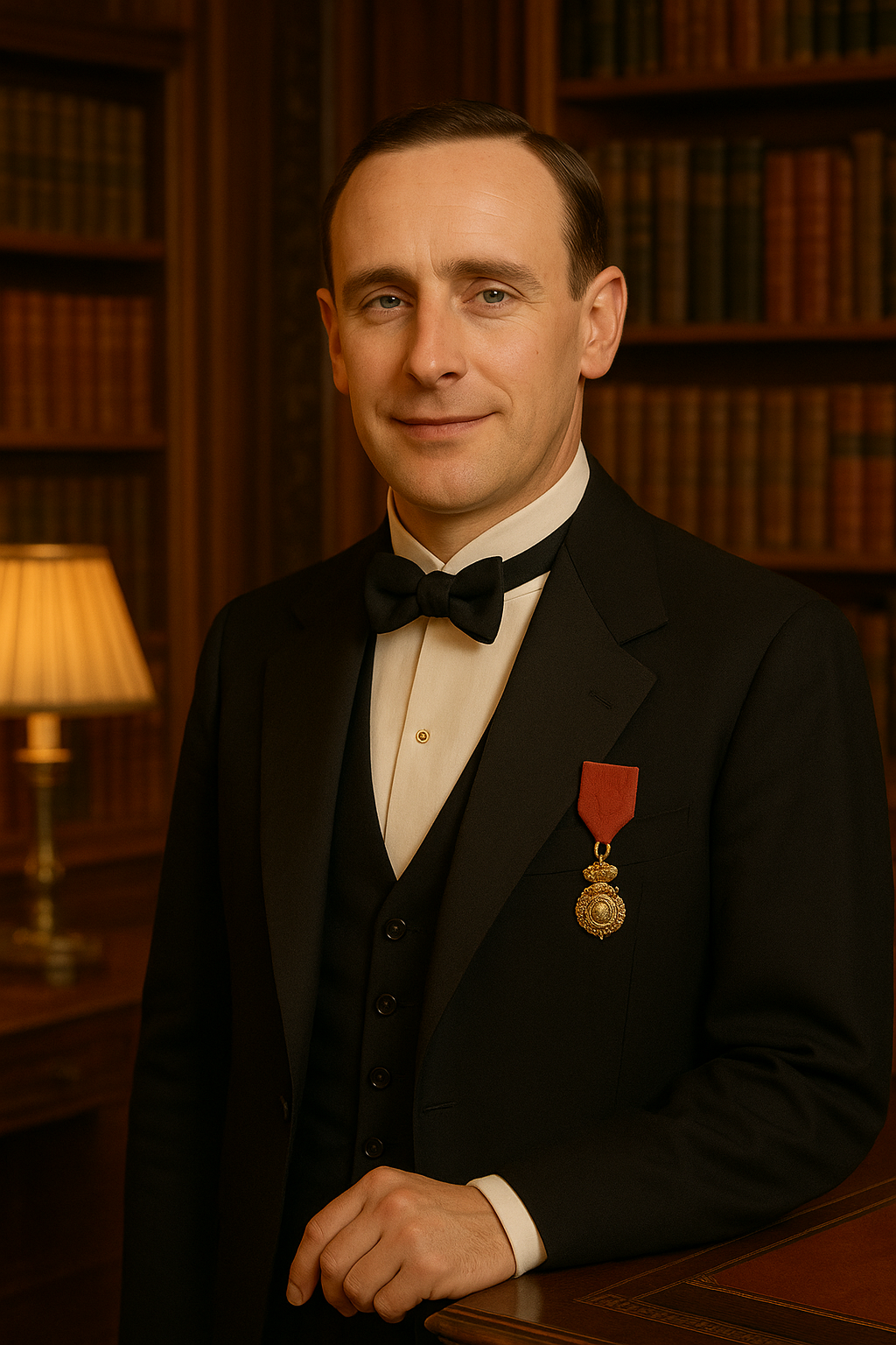 Homme en smoking avec médaille suspendue à un ruban rouge, posant dans une bibliothèque en bois avec lampes