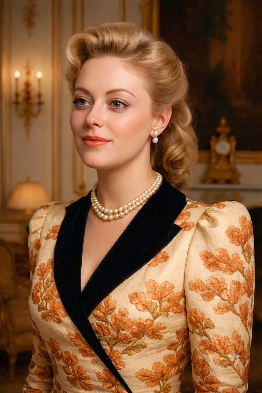 Portrait en noir et blanc d'une femme portant un collier de perles et une robe avec un motif floral, avec des cheveux coiffés dans un style vintage.