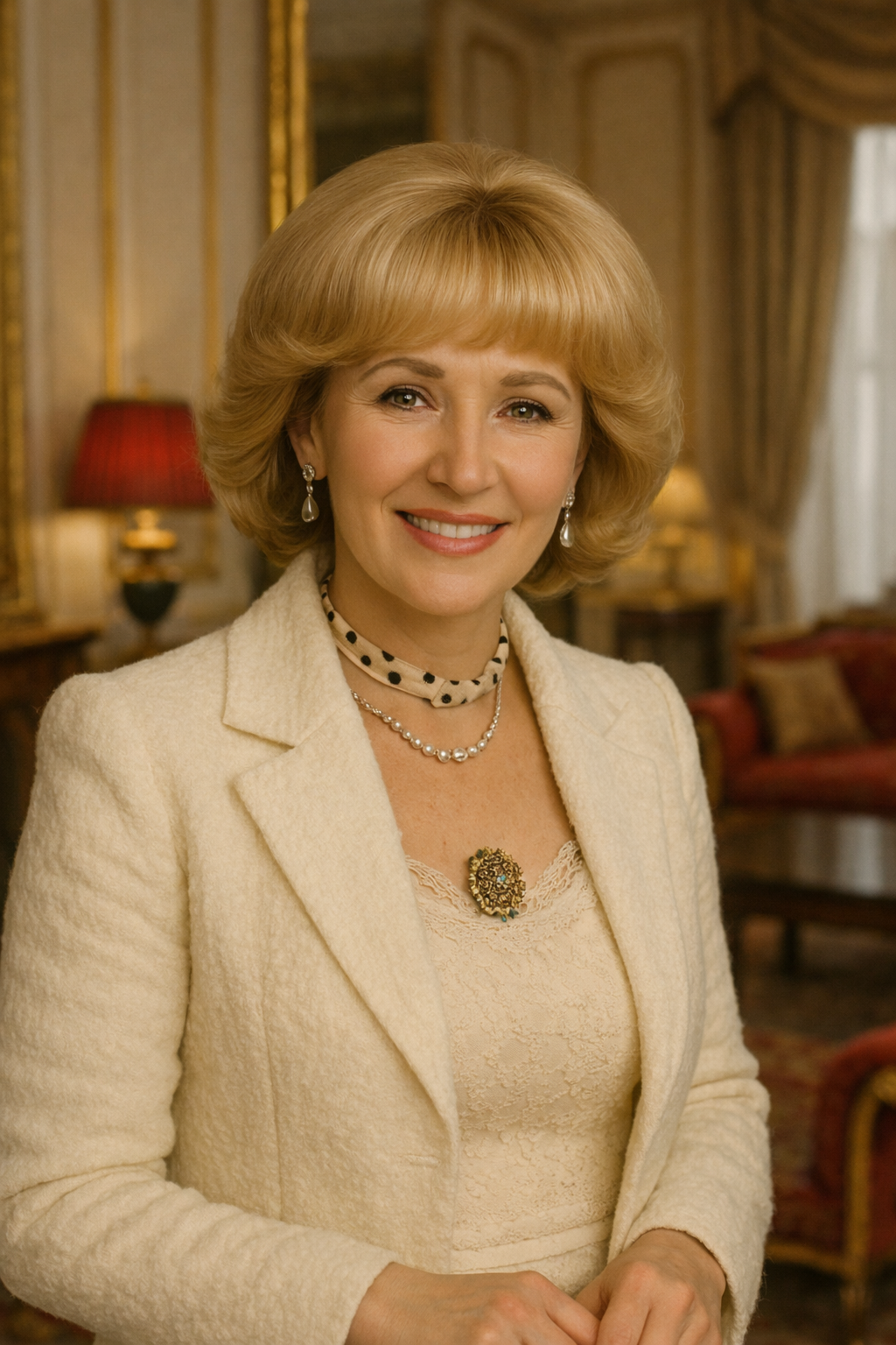 Une femme souriante avec des cheveux blonds bouclés, portant des bijoux élégants, dans un intérieur richement décoré, avec des meubles anciens et des rideaux en tissu lourd.