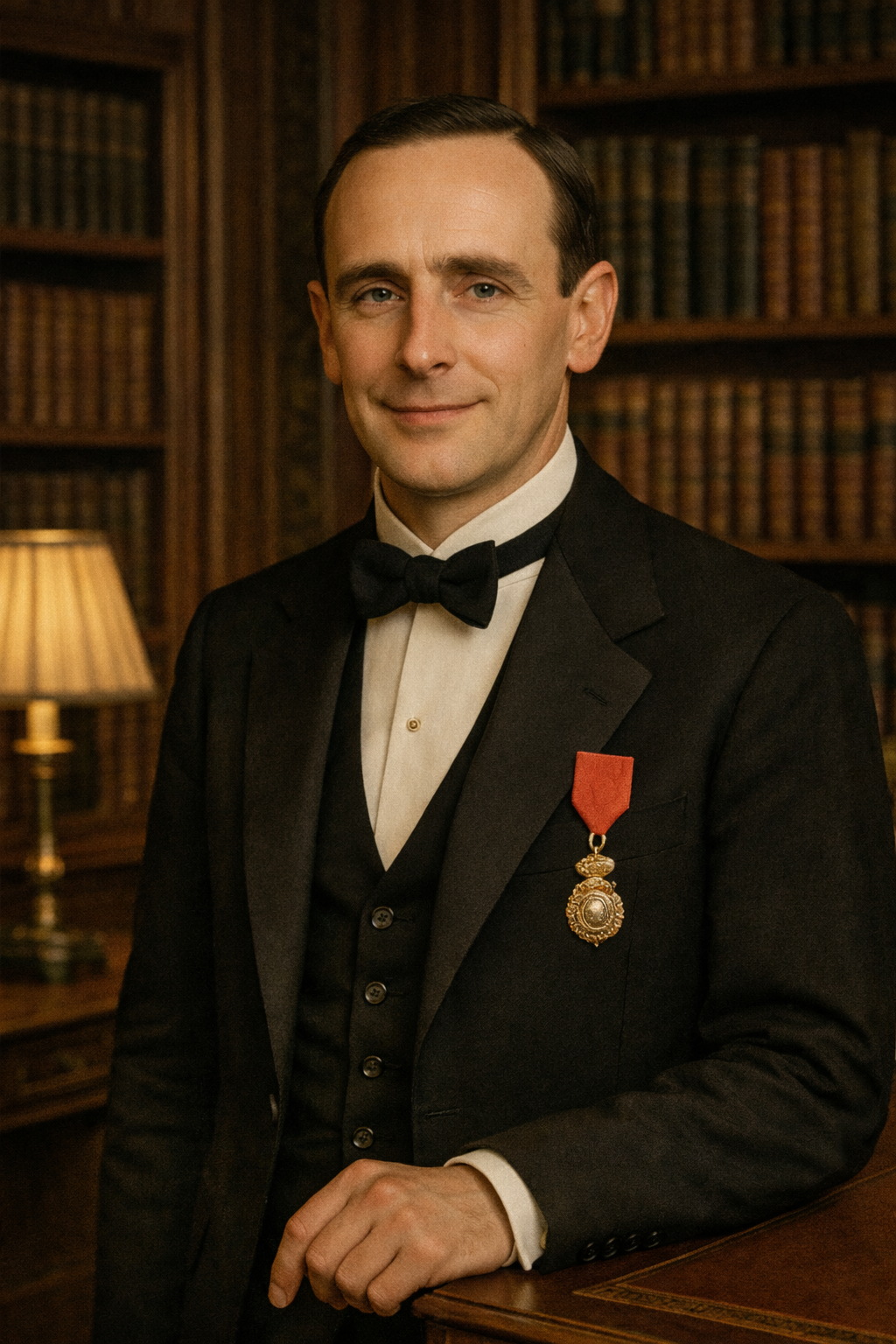 Homme en smoking avec médaille suspendue à un ruban rouge, posant dans une bibliothèque en bois avec lampes