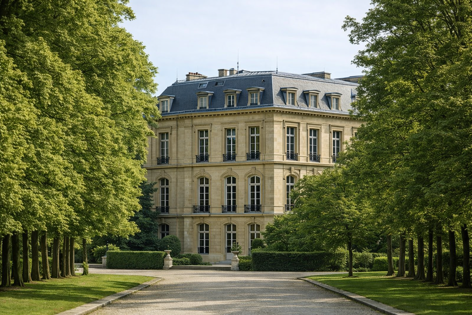 Un grand bâtiment en pierre claire avec un toit en ardoise, plusieurs fenêtres et balcons en fer forgé, entouré d'arbres verts et d'une allée en gravier.