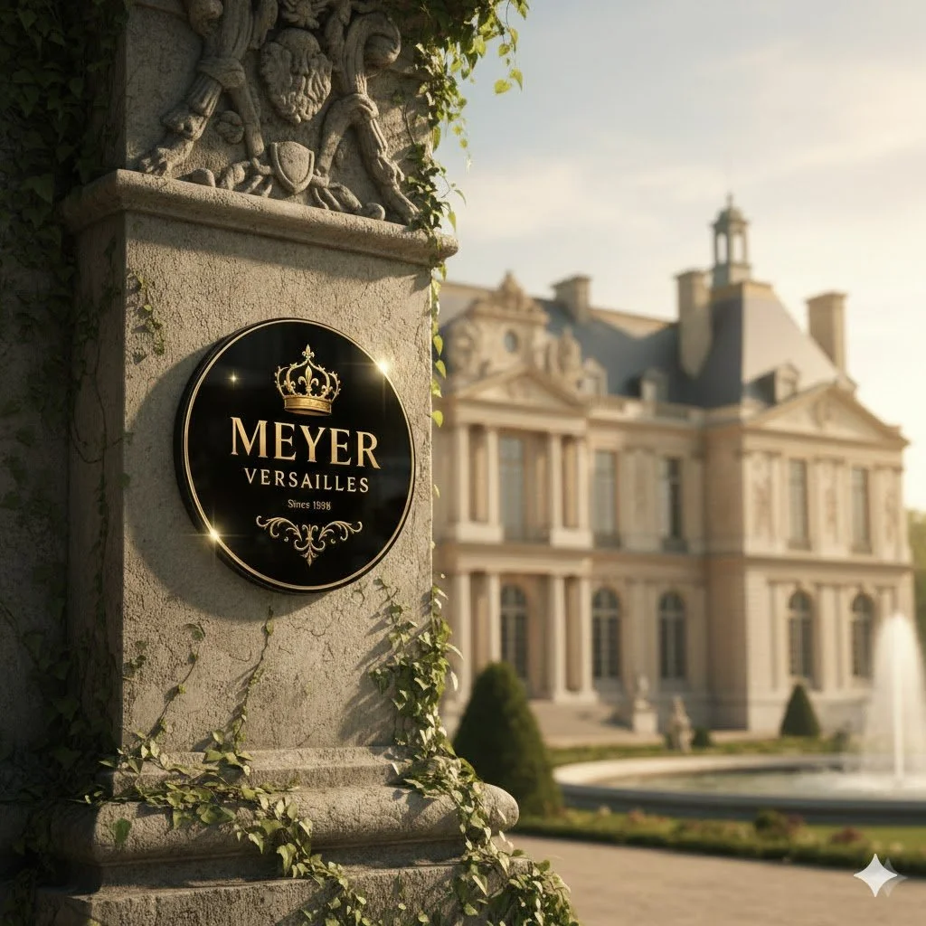 Vue d'un bâtiment prestigieux avec un panneau noir et or indiquant 'Meyer Versailles' au premier plan, entouré de végétation et avec un éclairage chaud."