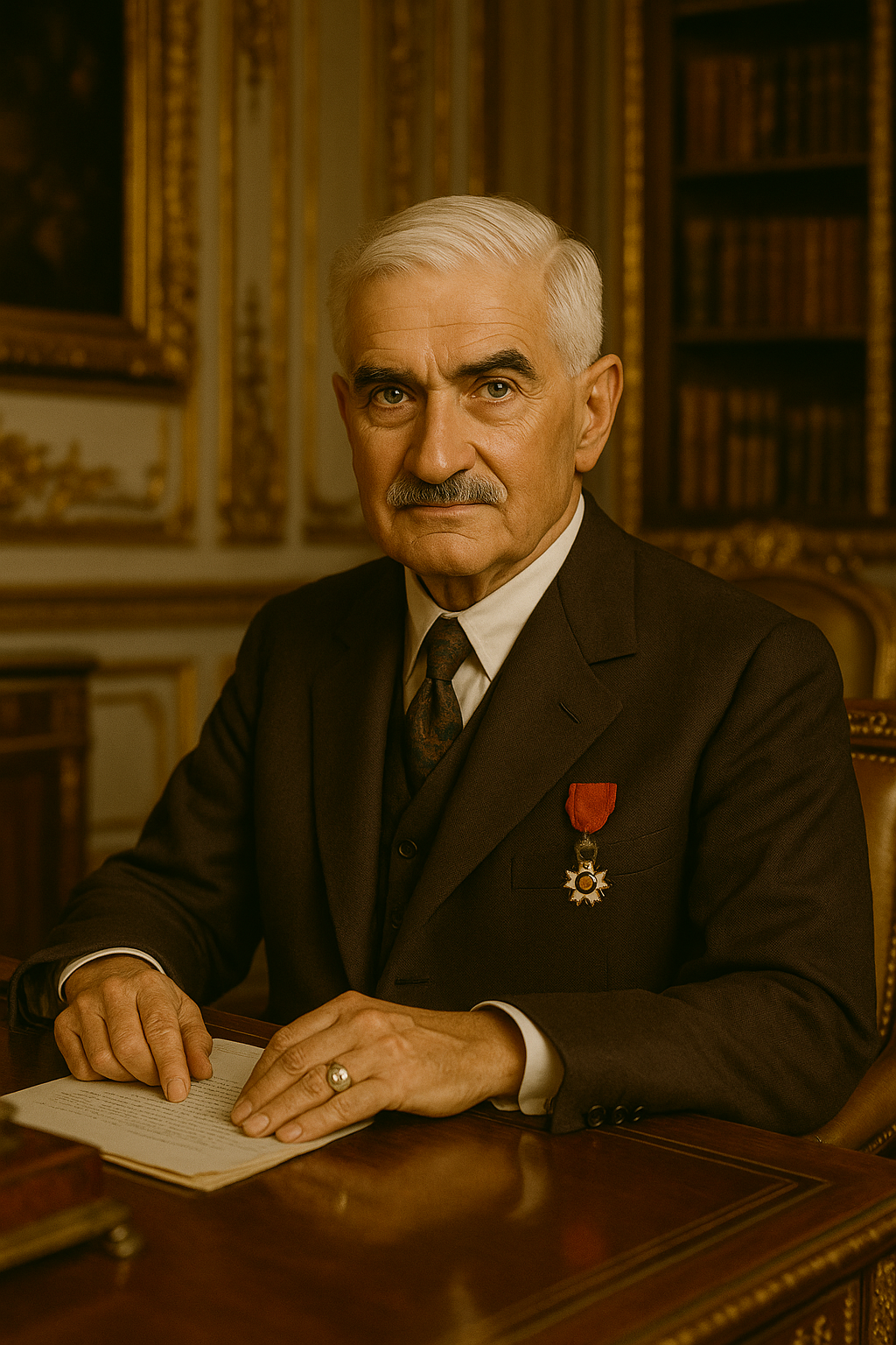 Un homme âgé en costume sombre avec une médaille suspendue à un ruban rouge, assis à un bureau en bois dans une pièce ornée de livres et de décorations dorées.