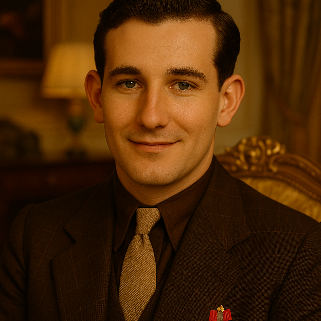 Un homme souriant en costume dans un intérieur élégant.