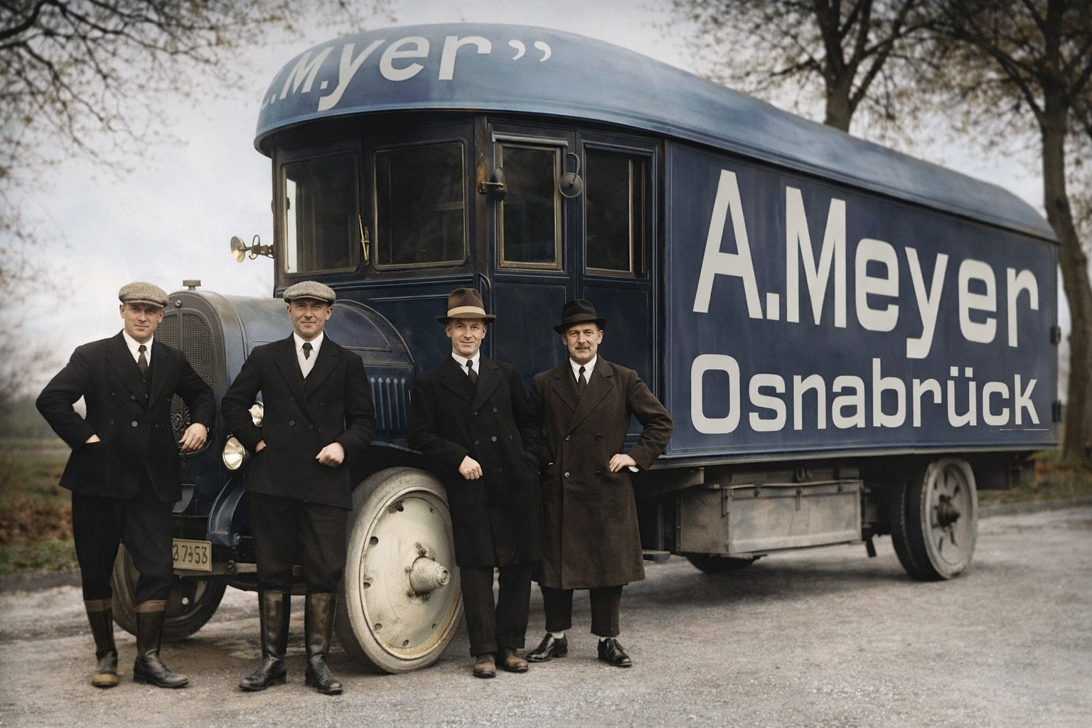 Quatre personnes debout à côté d'une vieille voiture avec wagon relié portant publicité pour A. Meyer Oshabrück.