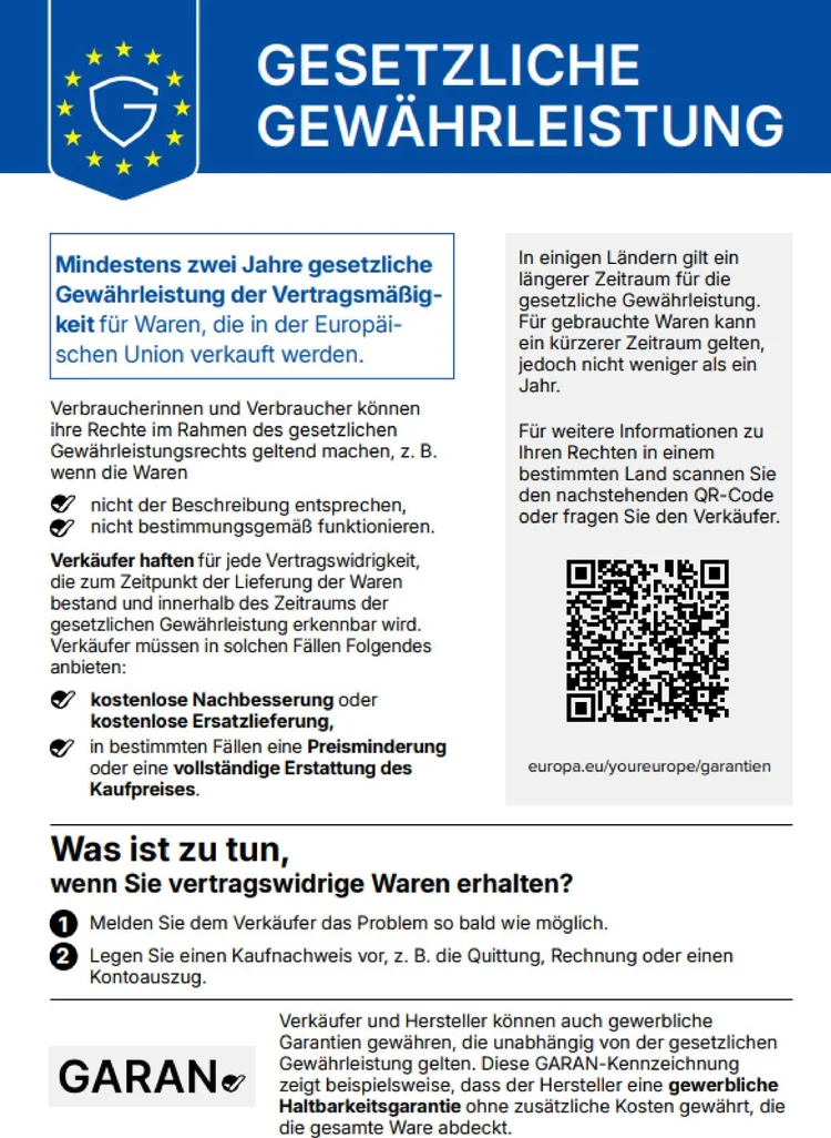 Gesetzliche Gewährleistung: mindestens zwei Jahre für Waren, die in der EU verkauft werden