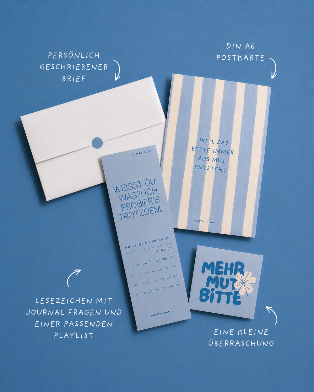 Eine HERZPOST-Ausgabe zum Thema Mut: Brief, Grußkarte, Lesezeichen und Sticker „Mehr Mut bitte“