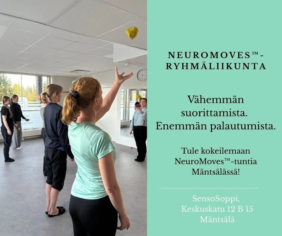 Vihdoin l&ouml;ysin M&auml;nts&auml;l&auml;st&auml; sopivan salin, miss&auml; voin alkaa vet&auml;m&auml;&auml;n itsekin NeuroMoves&trade; -ryhm&auml;liikuntatunteja! 
Marraskuussa on tarjolla nelj&auml; n&auml;ytetuntia hyvin huokeaan tutustumishint