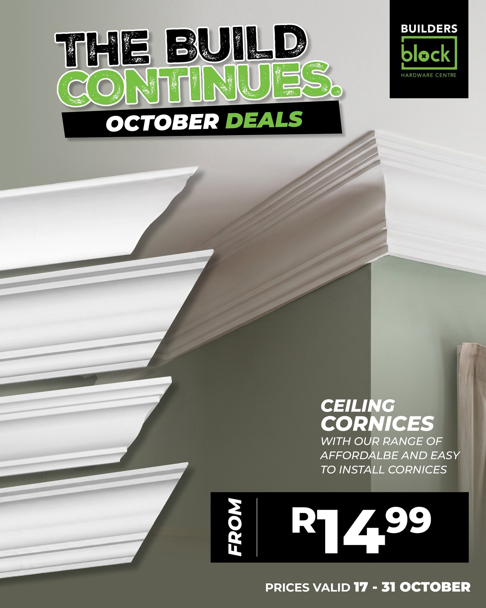 LOOK UP TO A PERFECT FINISH! ⬆️
💚 Cap off your rooms with our massive savings on ceiling boards and our range of affordable, easy-to-install cornices. 

A flawless ceiling transforms the entire space, and our October price drops make it easier than 