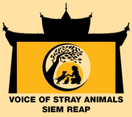 Logo of Voice of Stray Animals SIEM REAP, featuring a silhouette of a temple, a large tree, and a dog inside a circular frame with yellow background.