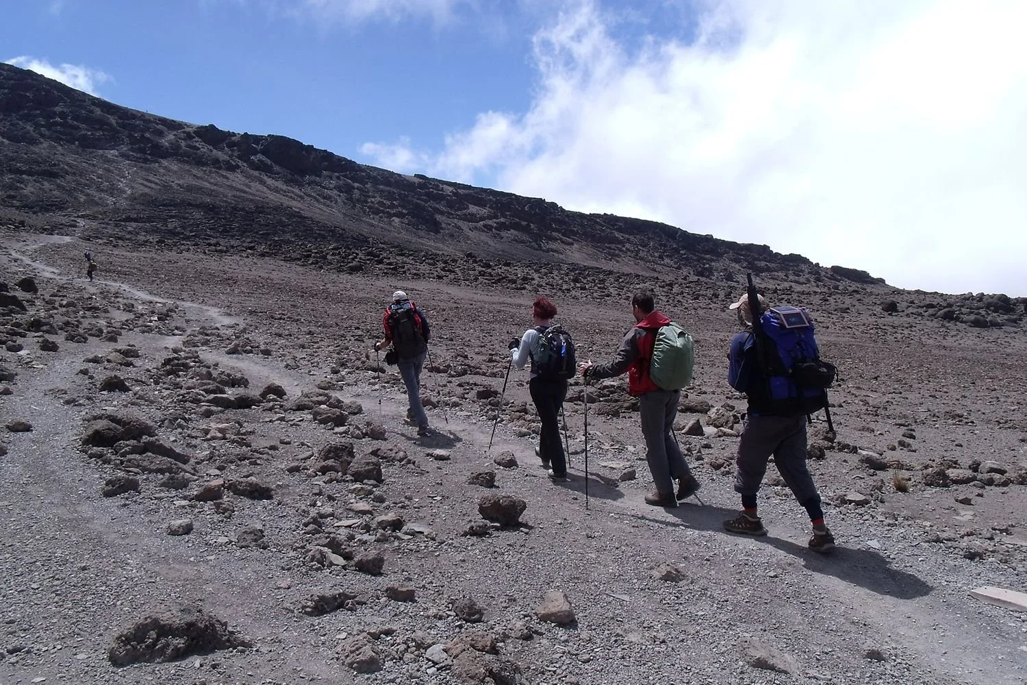 Vijf mensen met backpacks en wandelstokken lopen in een bergachtig, rotsachtig landschap onder een partly cloudy sky.