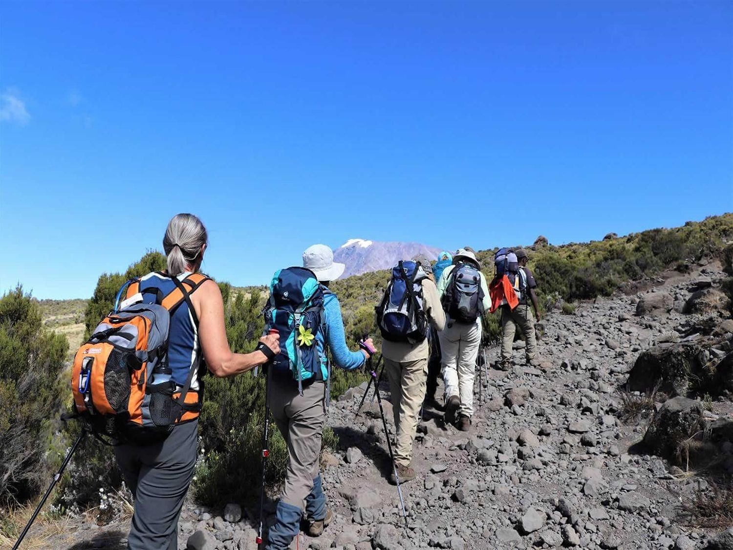 Vijf mensen wandelen in een groep bij de beklimming van de Kilimanjaro onder een heldere blauwe lucht, met bergen op de achtergrond.
