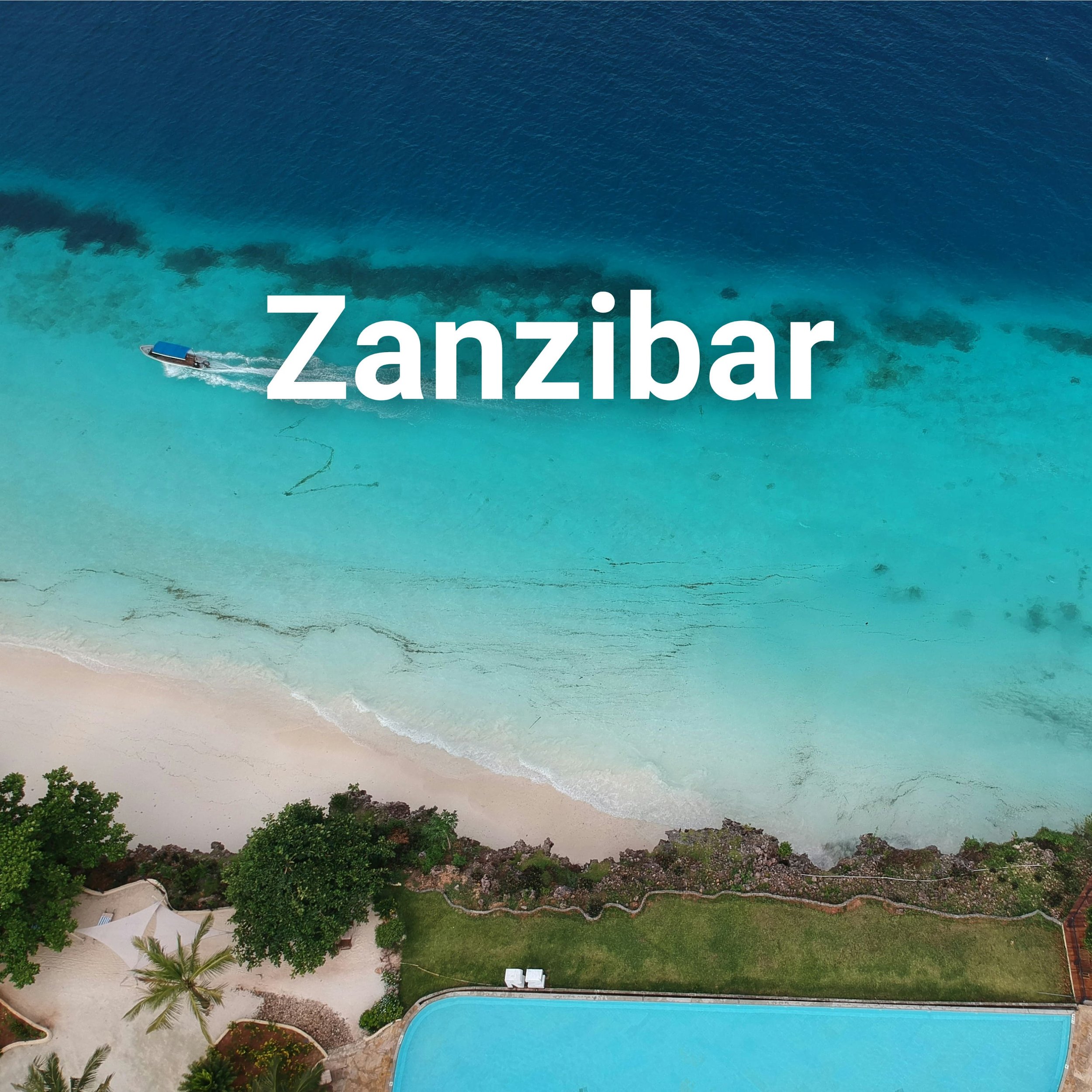 Een strand met palmbomen, een zwembad en een blauwe zee, met de tekst Zanzibar.