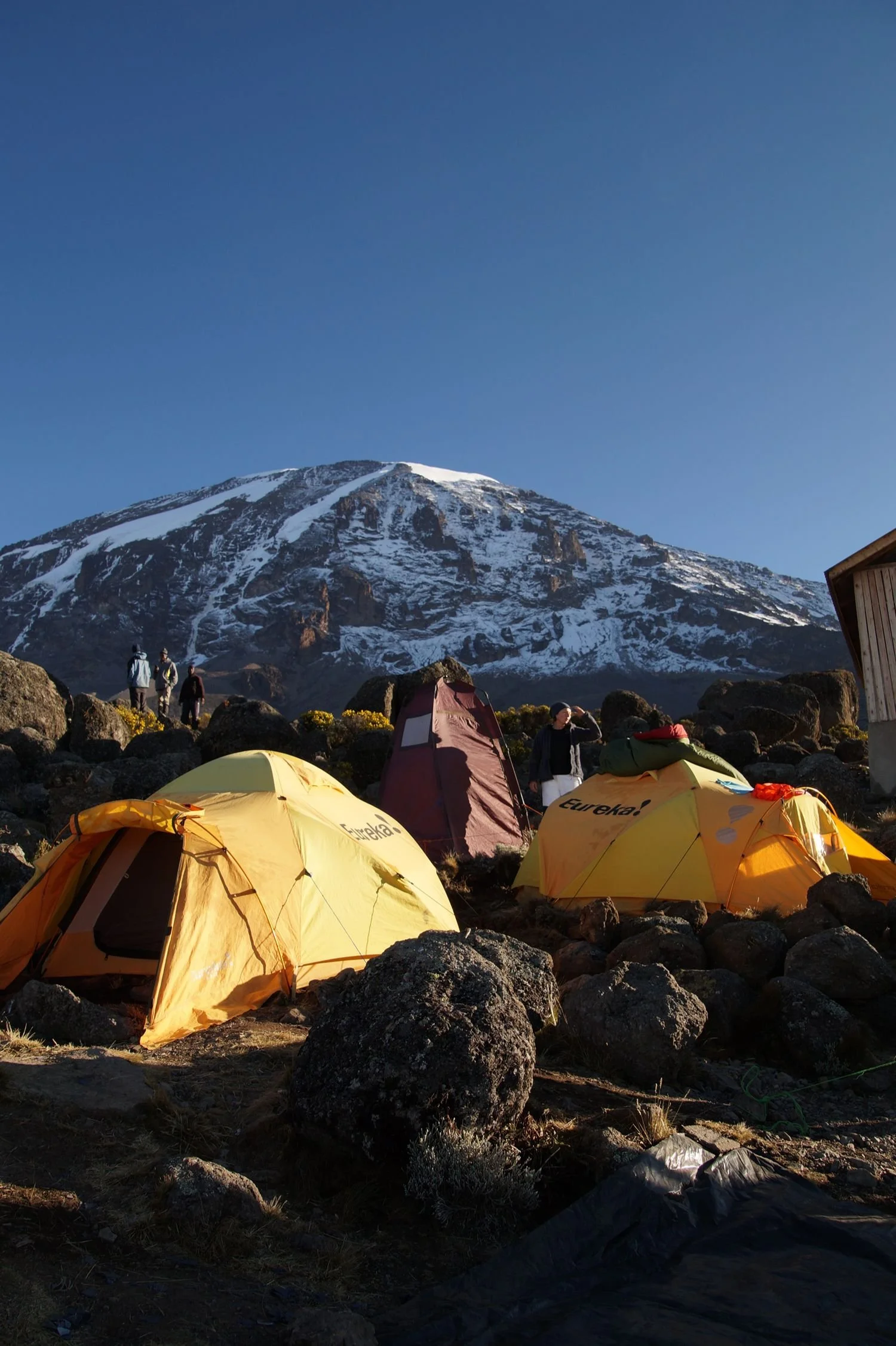 Kampeerplaatsen met tents op een berghelling, grote berg met sneeuw op de achtergrond, enkele mensen die wandelen en praten onder een blauwe hemel.