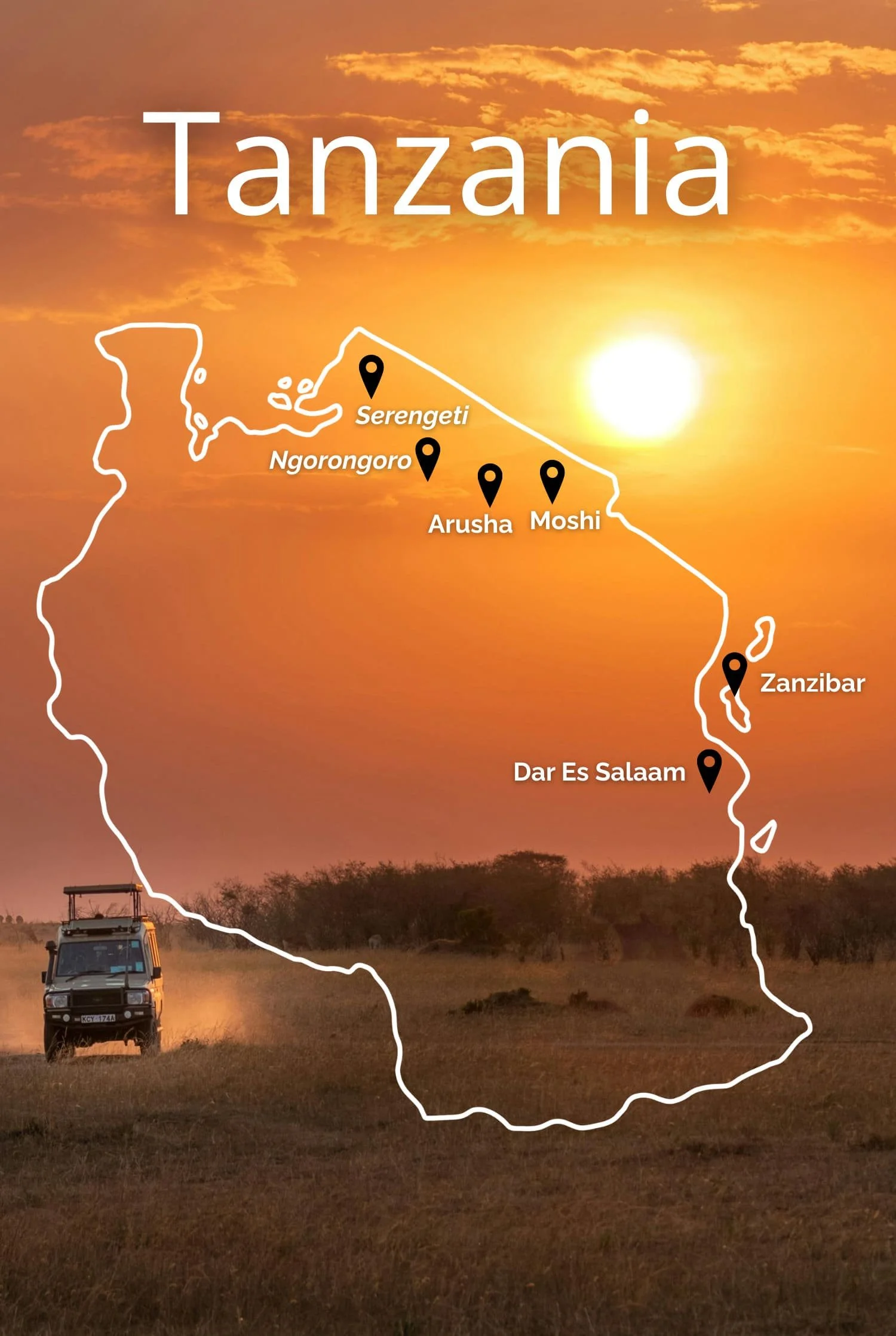 Een zonsondergang over de Afrikaanse savanne met een safari-auto op de voorgrond. Er zit een kaart over Tanzania met plaatsen zoals Serengeti, Ngorongoro, Arusha, Moshi & Zanzibar.