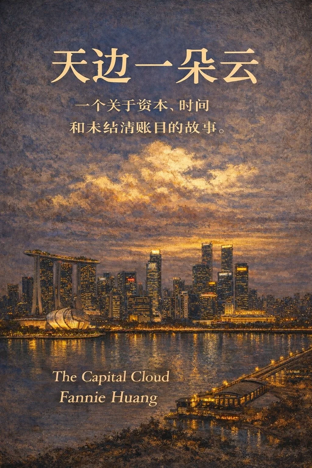 A city skyline at dusk with buildings illuminated, the Marina Bay Sands hotel with three towers and a boat-shaped top in Singapore, and the ArtScience Museum. Overlaid with Chinese text and English subtitles reading "The Capital Cloud" and "Fannie Hu