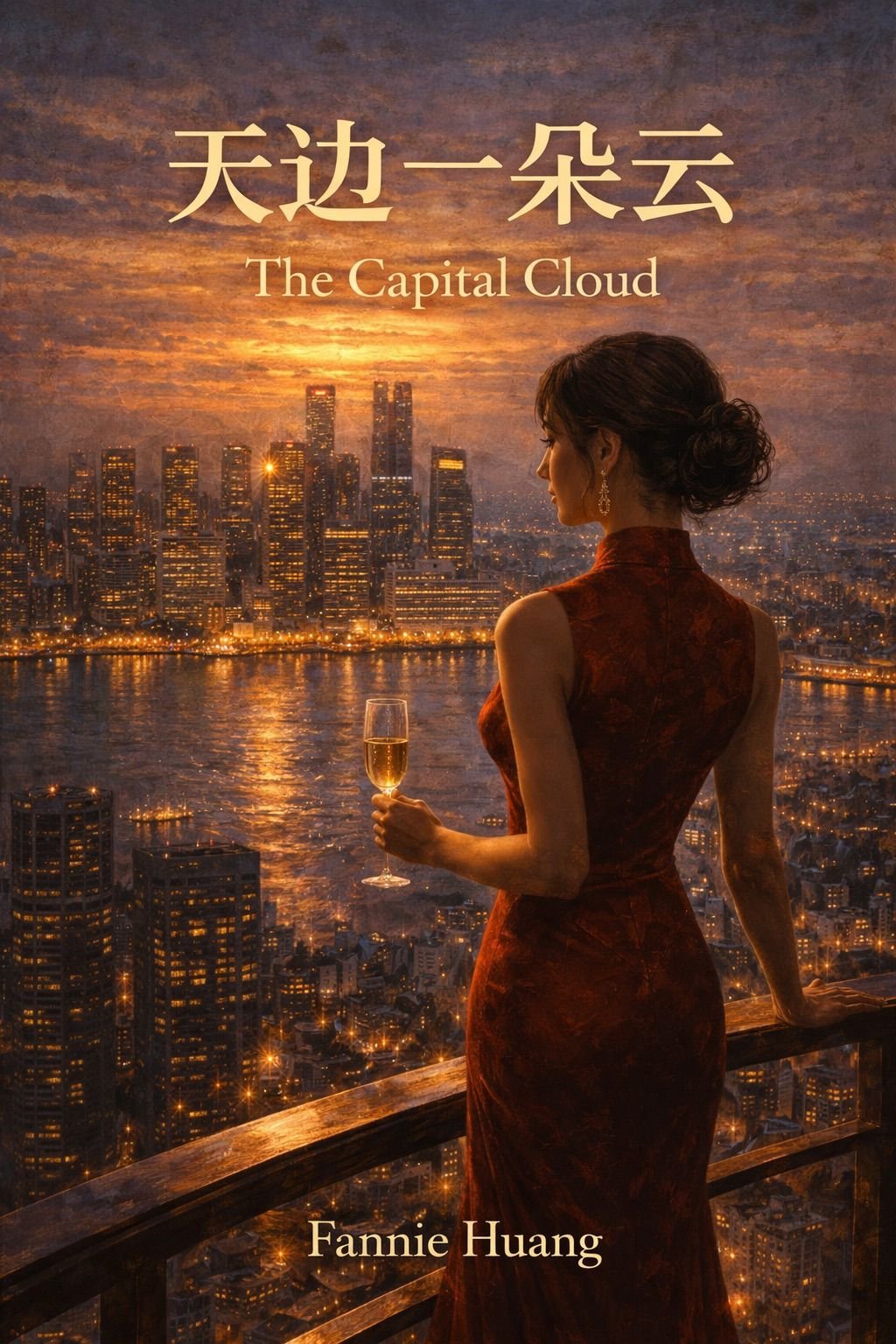 A woman in a red dress holding a champagne glass stands on a balcony overlooking a city skyline at sunset with the title 'The Capital Cloud' and author 'Fannie Huang' written in the image.