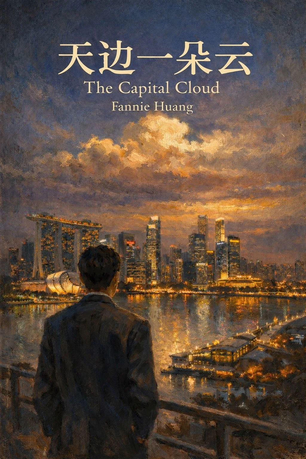 Cover of a book titled 'The Capital Cloud' by Fannie Huang. The cover depicts a man in a dark coat looking at a city skyline at dusk, with a large cloud in the sky and illuminated buildings reflected in the water.