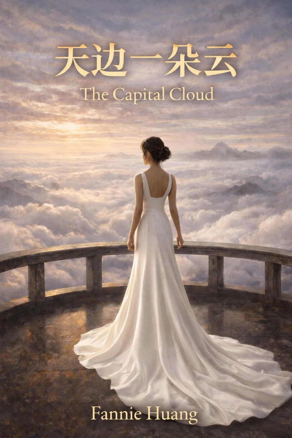 A woman in a white wedding dress standing on a circular wooden balcony, overlooking a sea of clouds at sunrise or sunset, with a mountain in the distance. The sky is filled with clouds and soft light.