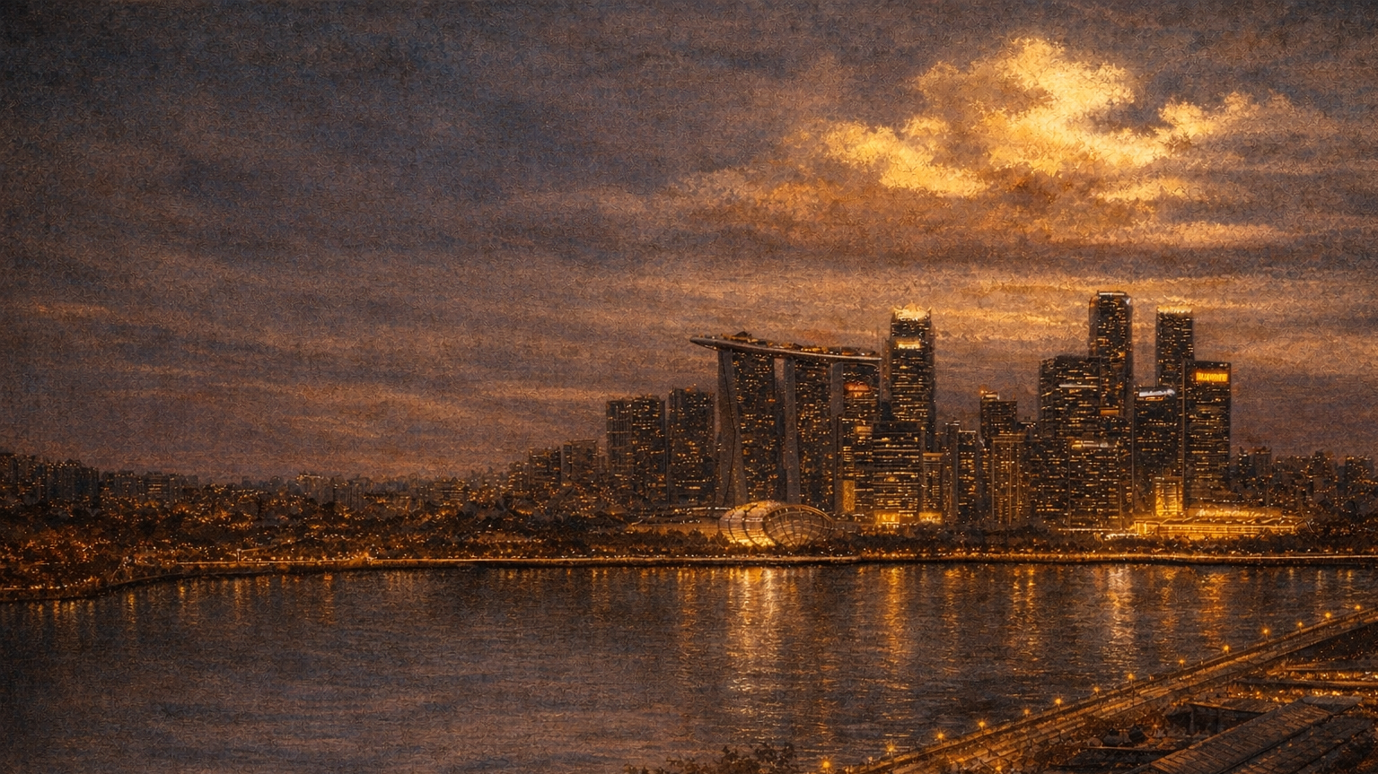 Nighttime view of Singapore skyline with Marina Bay Sands and other skyscrapers over water and city lights.