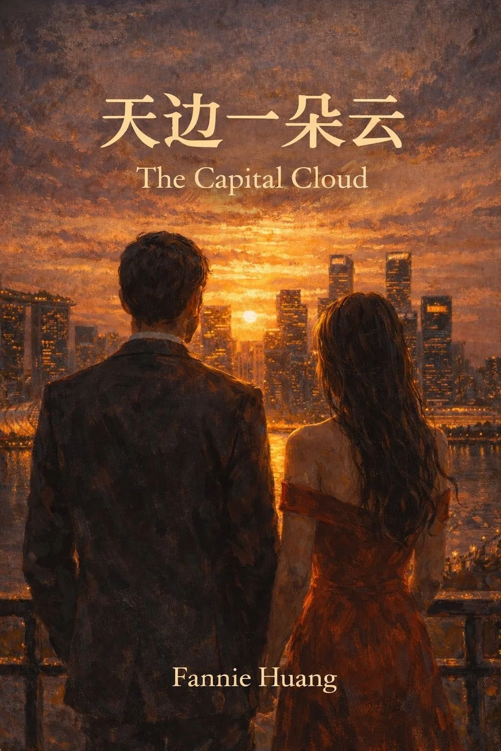 A painting of a man and a woman standing by a railing, looking at a city skyline during a sunset, with the title 'The Capital Cloud' and the author's name 'Fannie Huang' displayed.