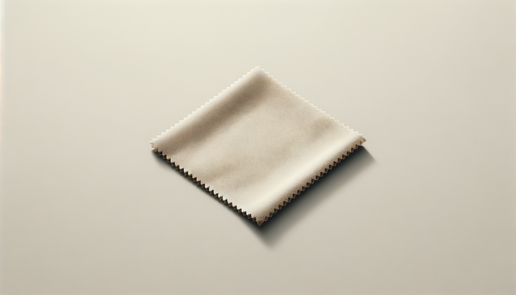 A beige fabric sample with pinked edges, laid on a smooth, matching surface, showing a fine, even weave.