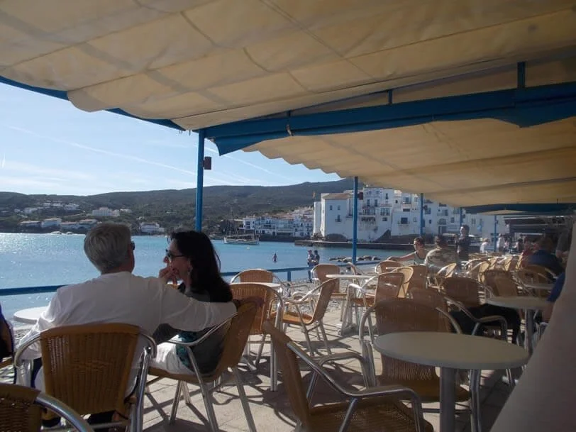 People sitting at tables on an outdoor patio overlooking a harbor with boats and white buildings under a blue sky.