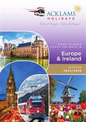 Brochure for Acklams Holidays featuring travel to Europe and Ireland during winter 2025/2026, with images of a cityscape, a castle, a train, and a windmill.