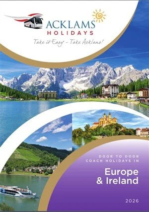 Travel brochure for Acklams Holidays featuring European destinations, mountains, lakes, castles, and boats, with text promoting coach holidays in Europe and Ireland for 2026.