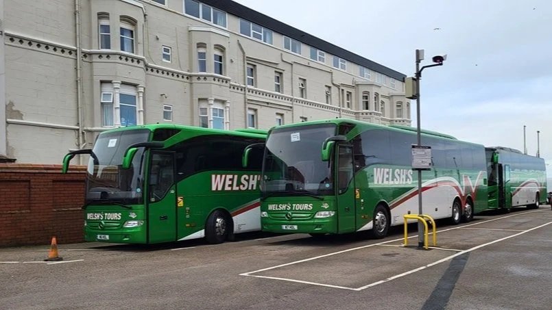 Three green Welsh tour buses parked side by side on a street with a beige building in the background.