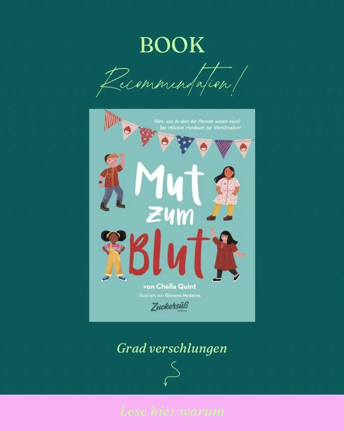 Dieses Buch liegt bei uns zuhause und ich bin so froh, dass es das gibt. 🩸📖
&bdquo;Mut zum Blut&rdquo; von @chellaquint ist das Aufkl&auml;rungsbuch, das ich mir damals selbst gew&uuml;nscht h&auml;tte. Es erkl&auml;rt alles rund um die Periode, vo