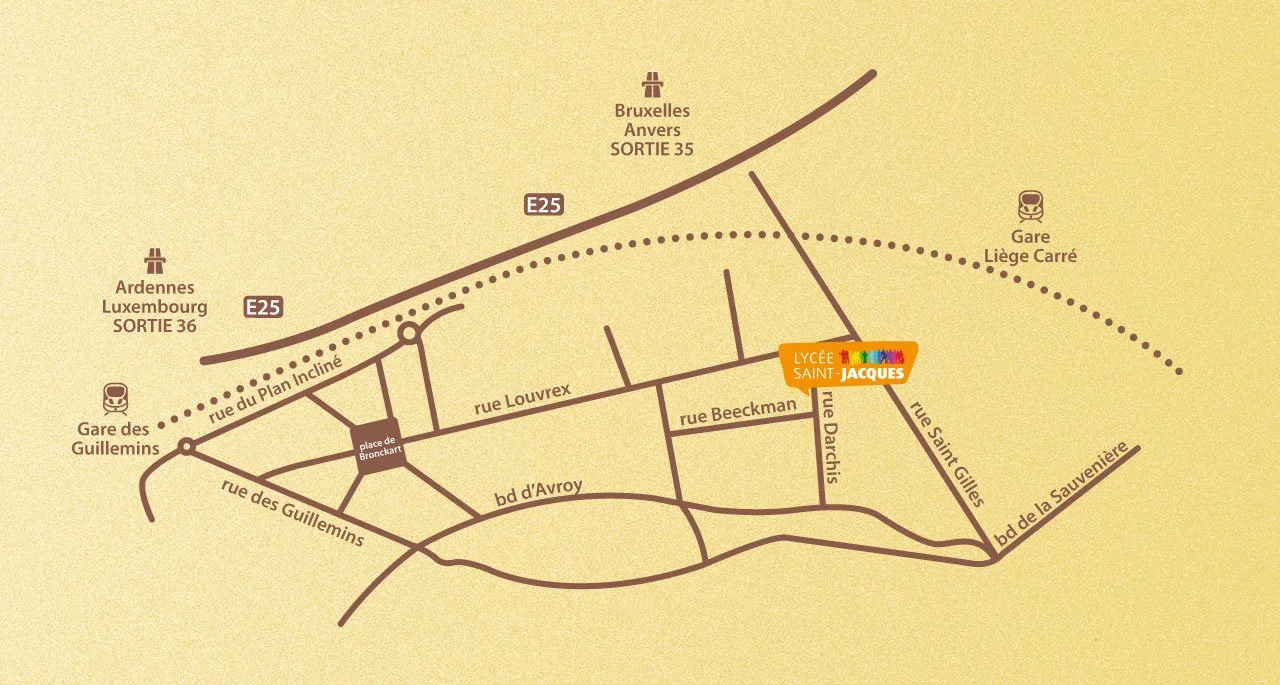Carte de localisation pour le lycée Saint-Jacques, avec routes principales, station de bus, stations de train, en directions des gares des Guillemins et Liège Carré.